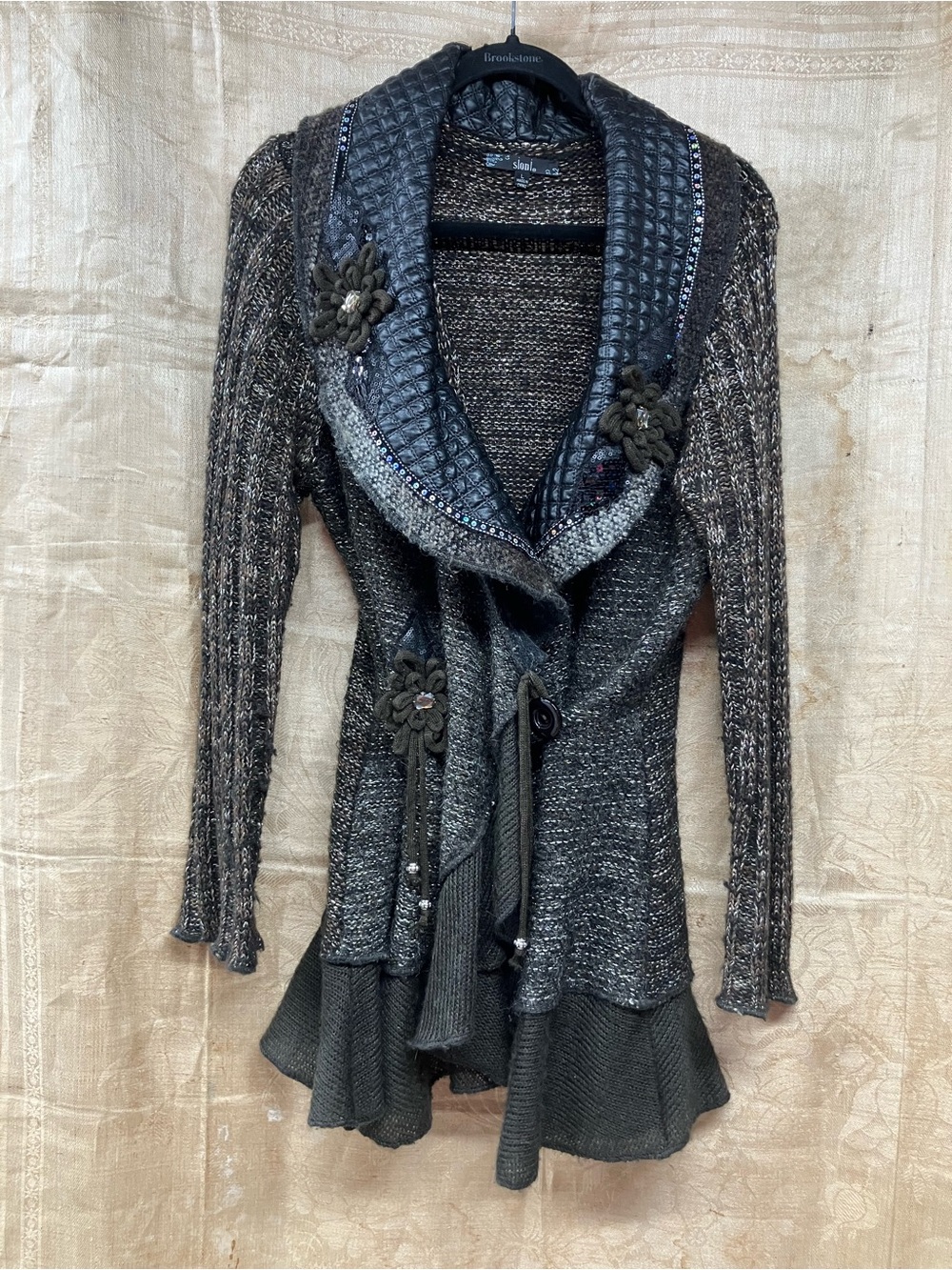 Sioni Black & Metallic Textured Shawl-Collar Cardigan with Floral Appliqués